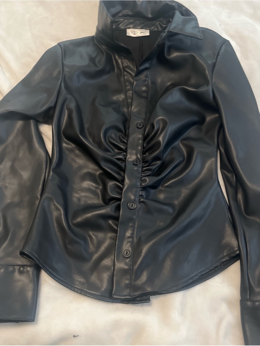 Francesca's Collections Black Faux Leather Ruched Button-Front Jacket
